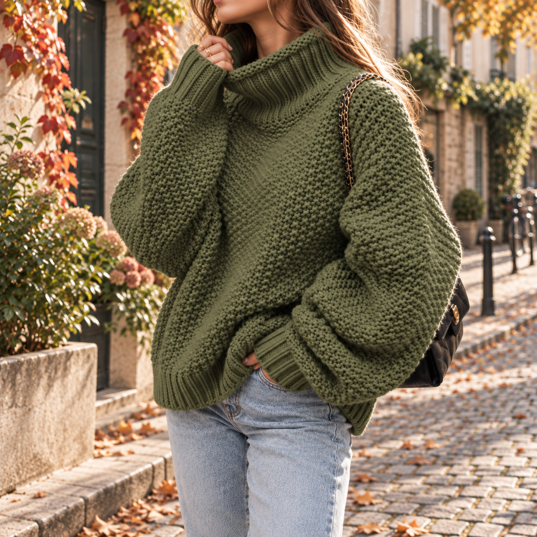 Pull vert armée en grosse maille, col roulé replié et poignets côtelés