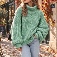Pull vert d'eau à col roulé porté avec un pantalon clair dans une rue pavée