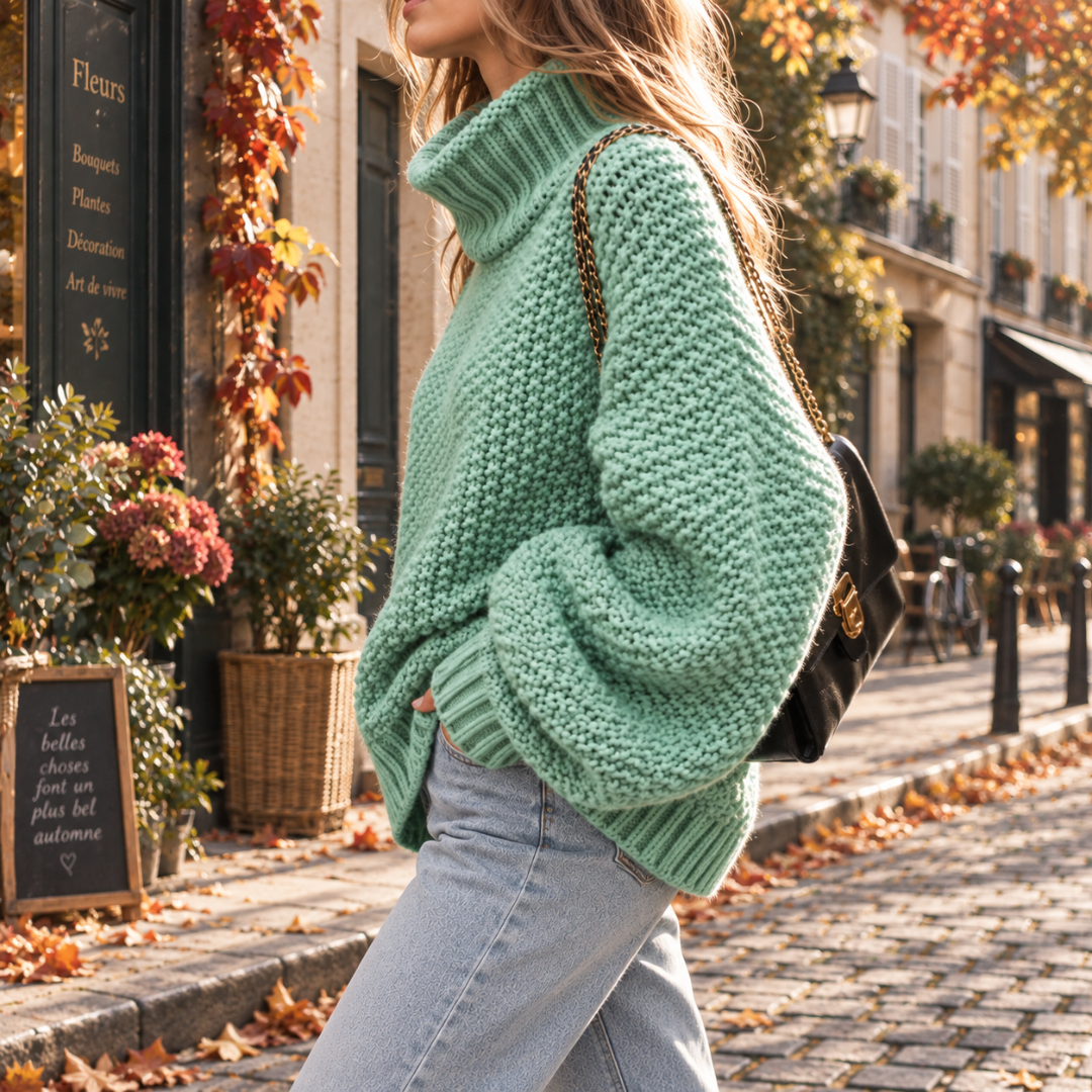 Pull femme vert d'eau de profil, col roulé généreux et bas côtelé visible