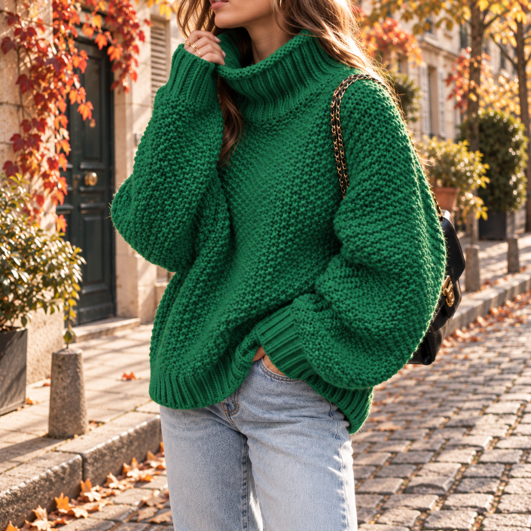 Pull femme vert forêt à col roulé avec manches longues et bas côtelé