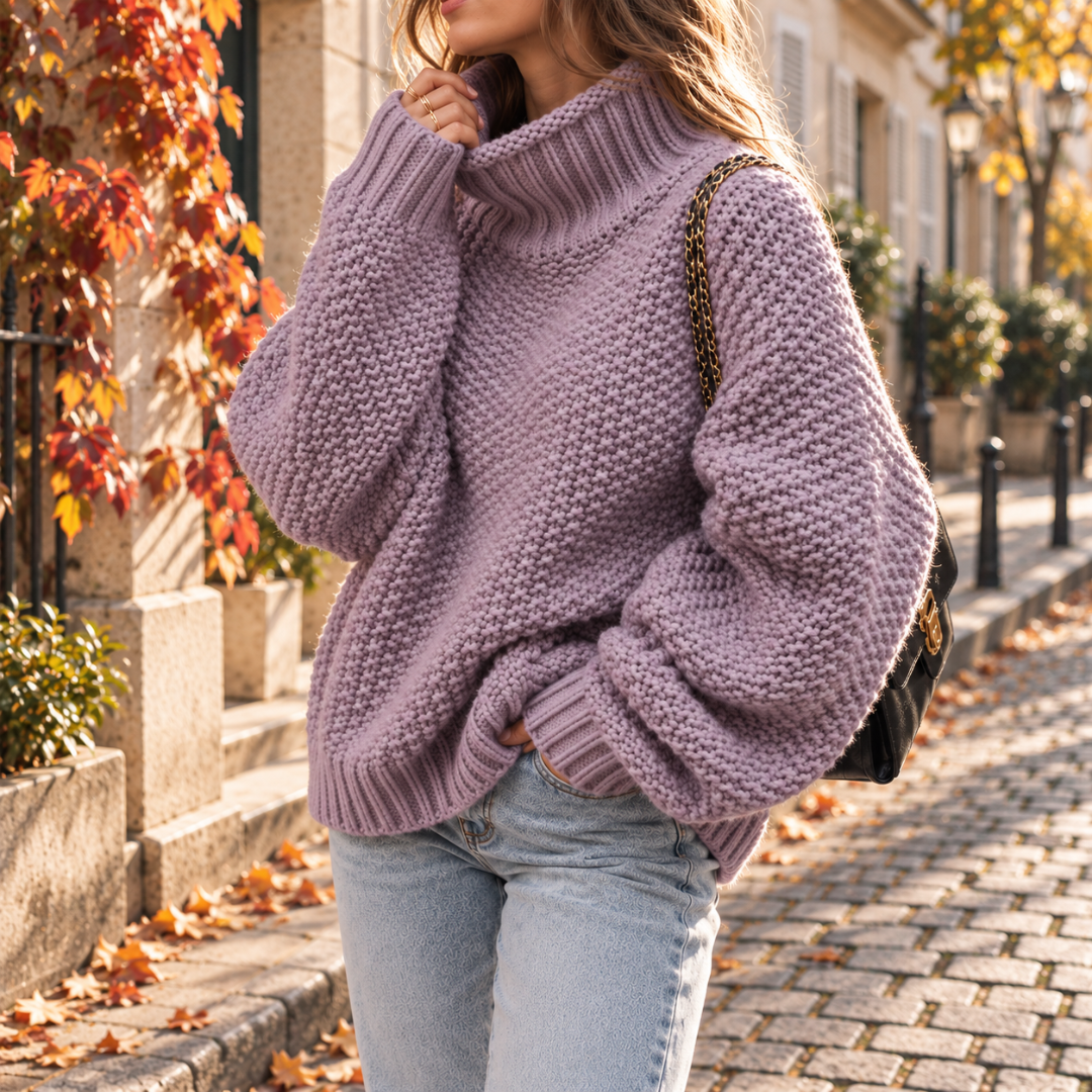 Pull violet clair en grosse maille avec col roulé et finitions côtelées