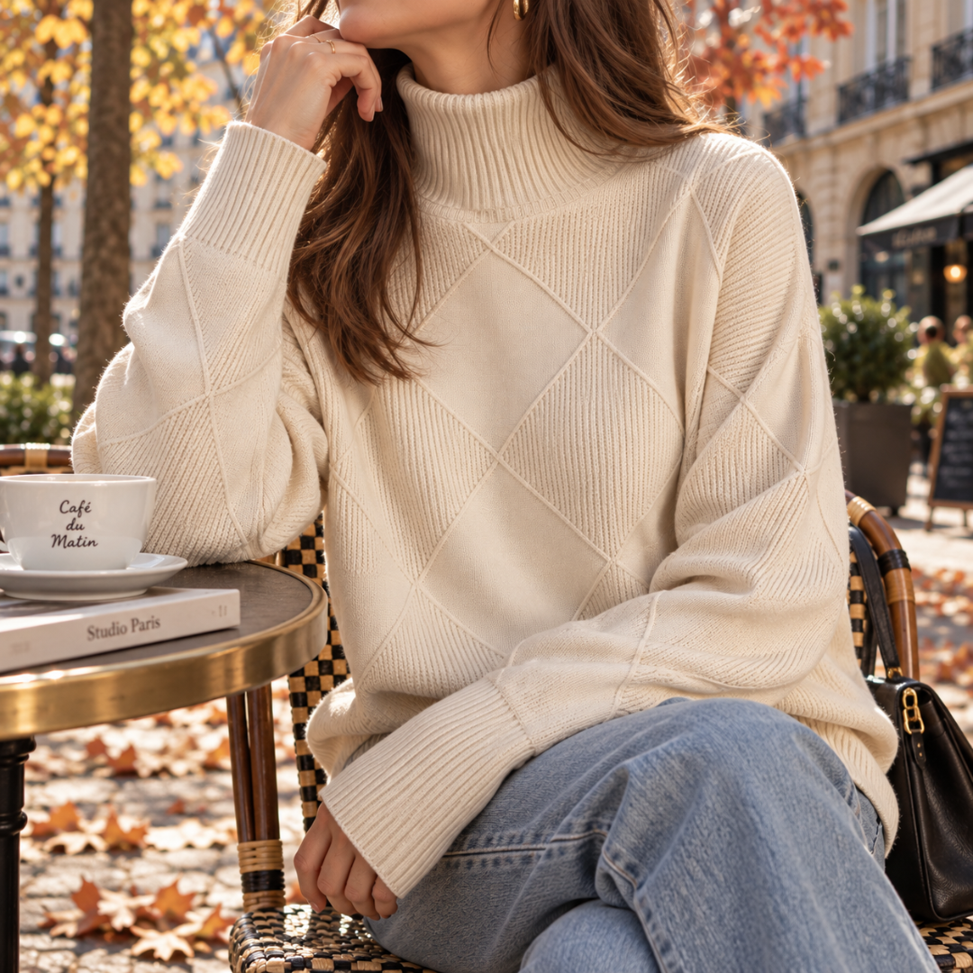 Pull femme beige à col roulé et losanges en relief, porté en terrasse