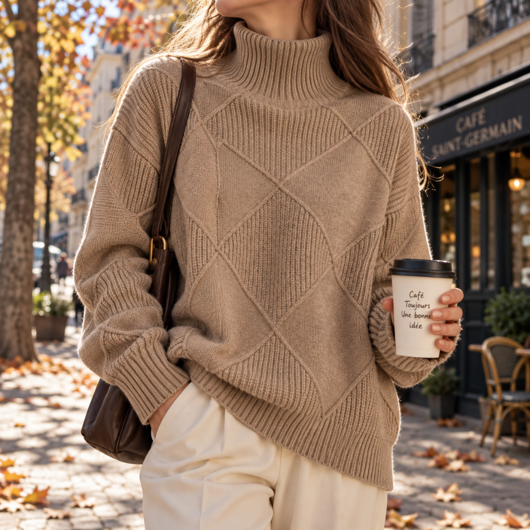 Pull femme marron clair col roulé avec grands losanges et poignets côtelés