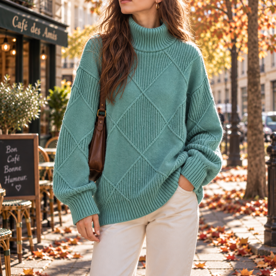 Pull femme vert à col roulé côtelé et motif losanges en relief
