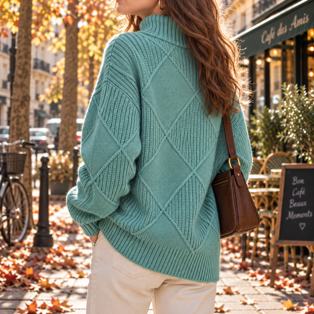 Dos du pull femme vert avec losanges en relief et base côtelée