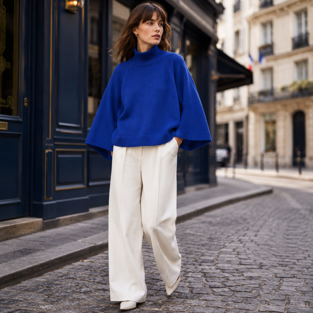 Pull femme bleu vif à col roulé et manches larges porté en rue parisienne