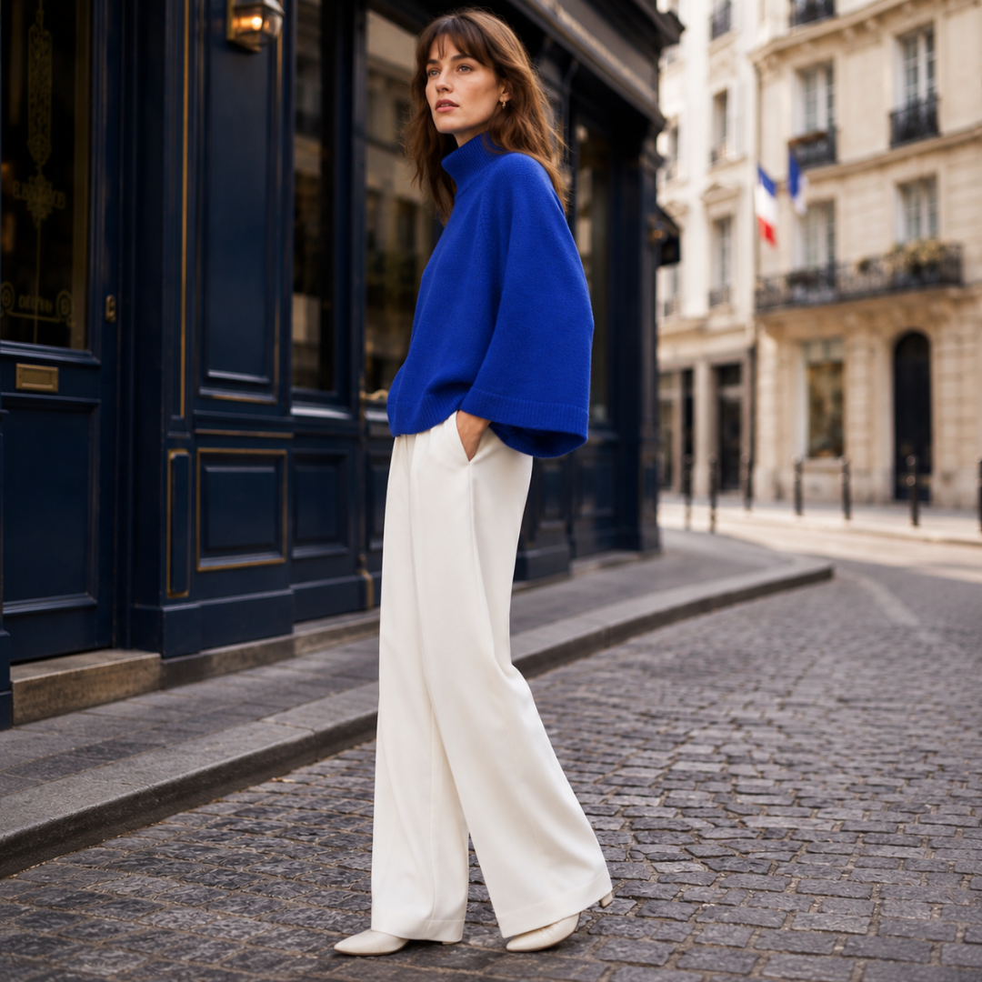 Vue de profil du pull bleu oversize court, manches amples et ourlet côtelé