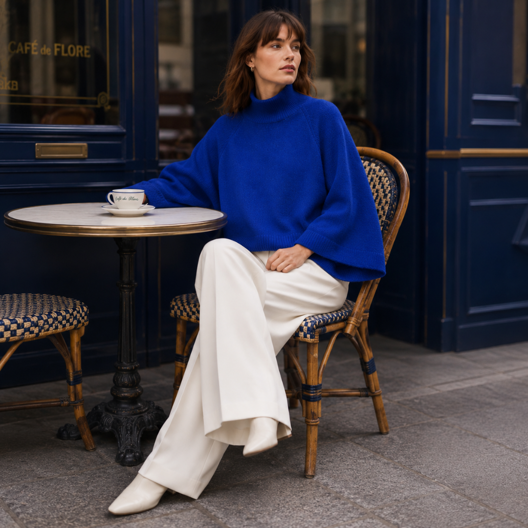 Femme assise en terrasse portant le pull bleu à col roulé montant et manches évasées