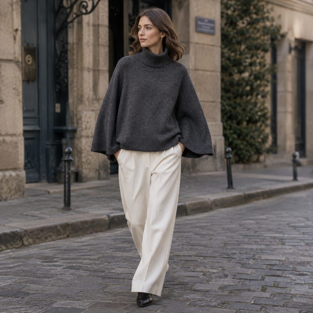 Pull femme gris foncé à col roulé, manches larges et longueur courte sur pantalon clair