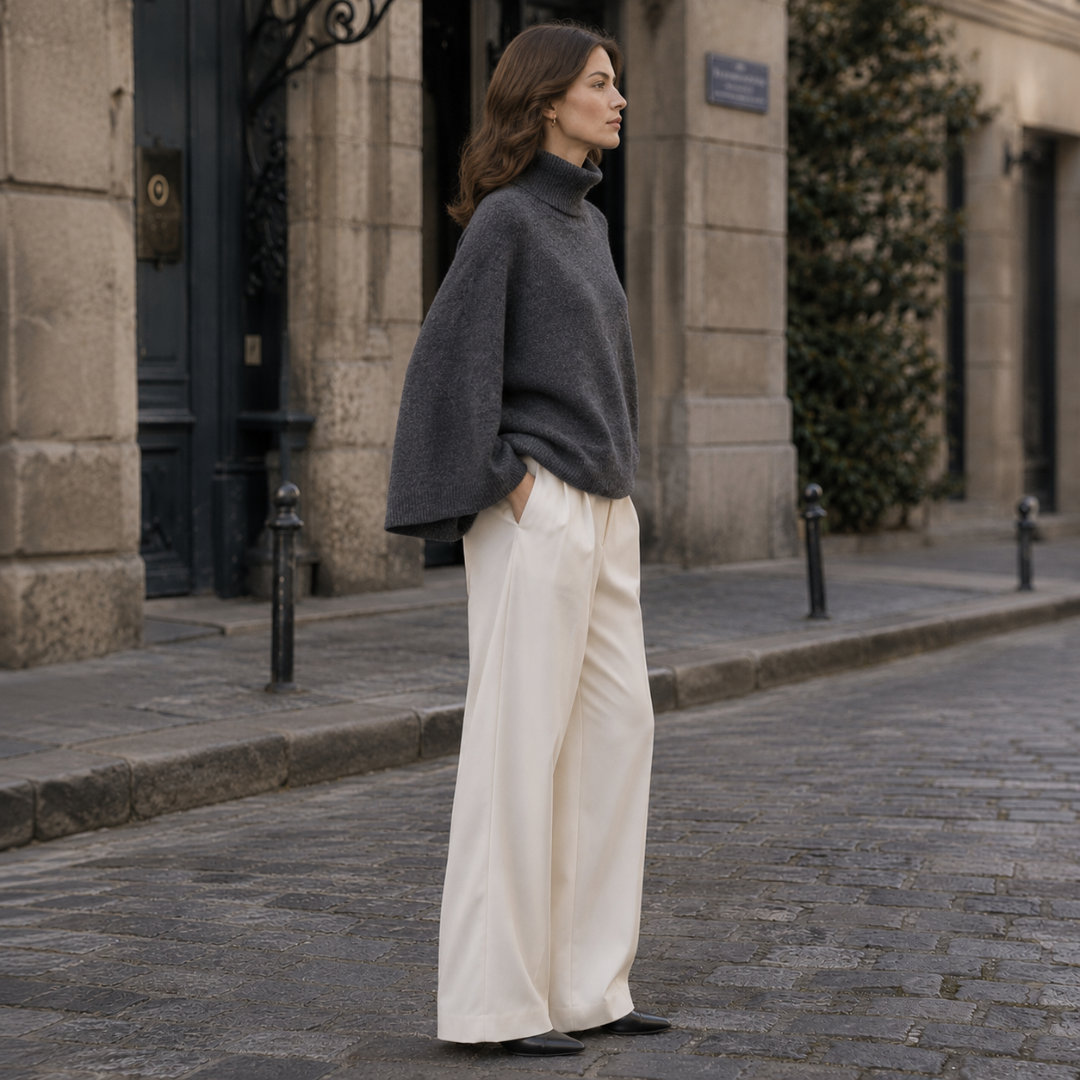 Profil du pull gris oversize, volume des manches et col roulé côtelé visible