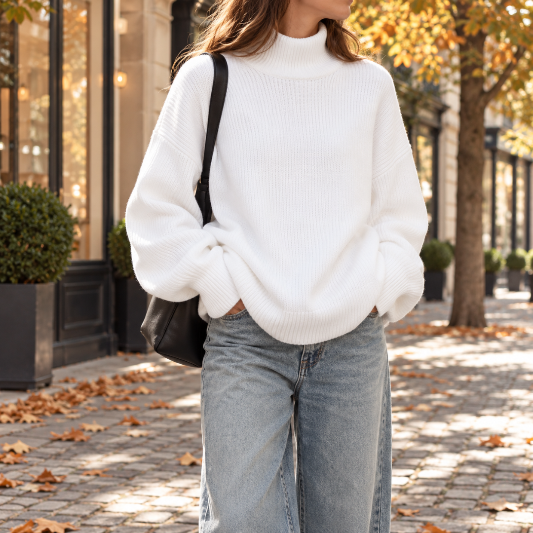 Pull femme blanc à col roulé côtelé porté avec un pantalon clair en ville