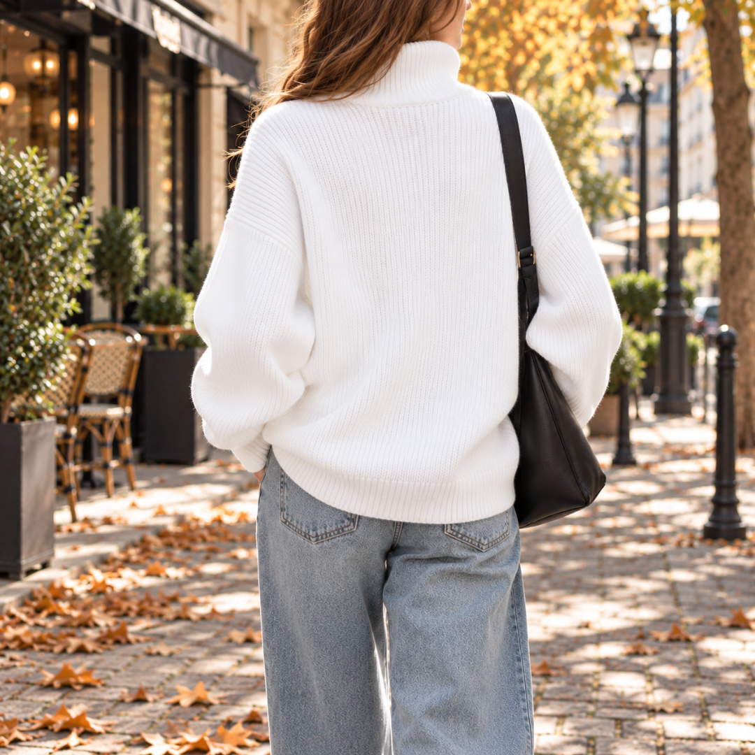 Dos du pull femme blanc à col roulé, maille unie et ourlet côtelé