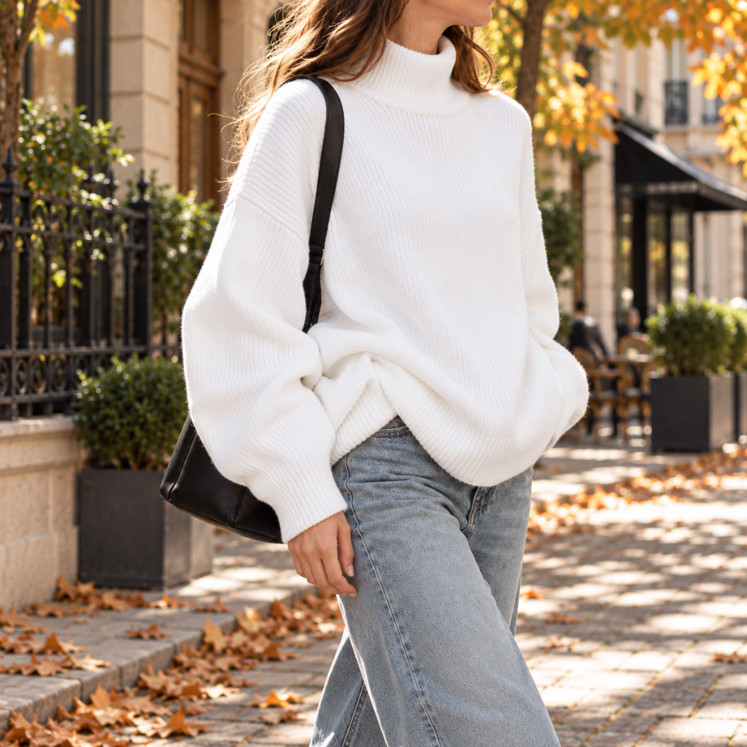 Pull femme blanc à col roulé et large bord côtelé à la taille, look urbain