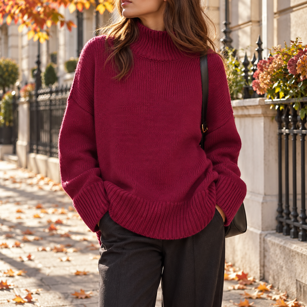 Pull bordeaux à col roulé côtelé et larges poignets, maille unie