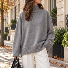 Pull gris chiné à col roulé côtelé et manches longues, allure ample