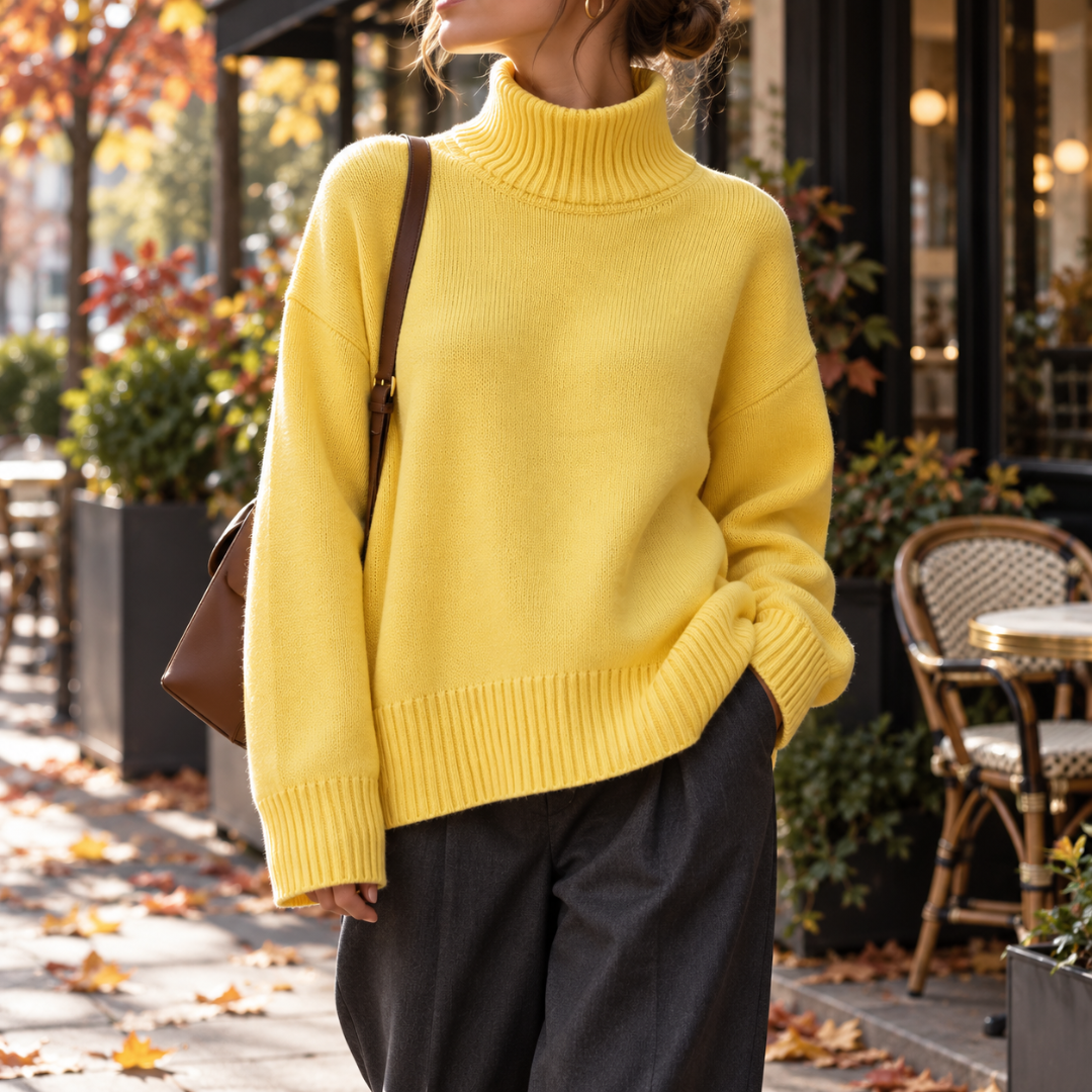 Pull femme jaune à col roulé haut, poignets côtelés et ourlet côtelé