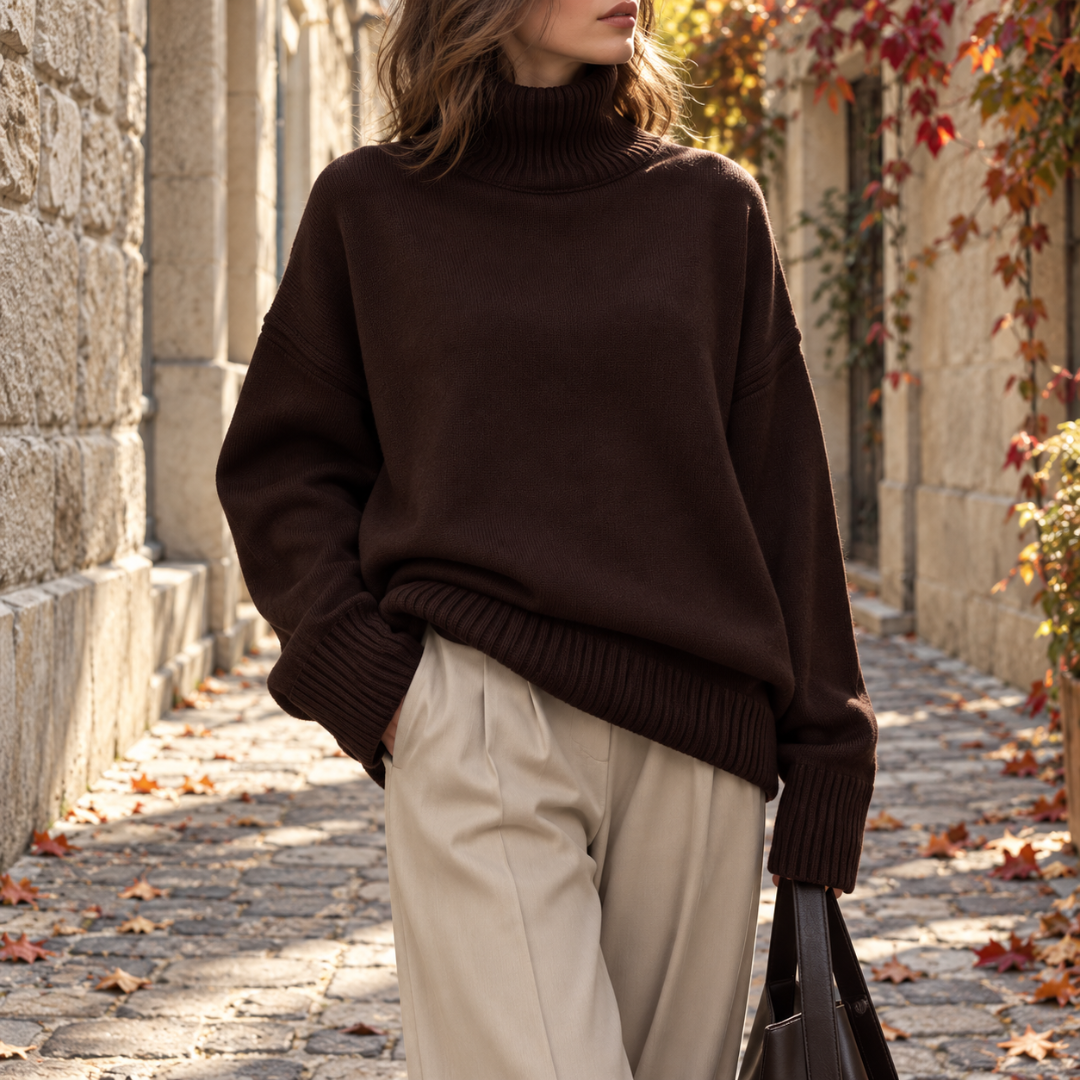 Pull marron à col roulé porté avec un pantalon beige fluide dans une rue pavée