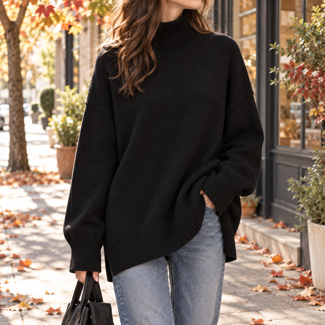 Pull femme noir à col roulé, fentes latérales et poignets côtelés larges