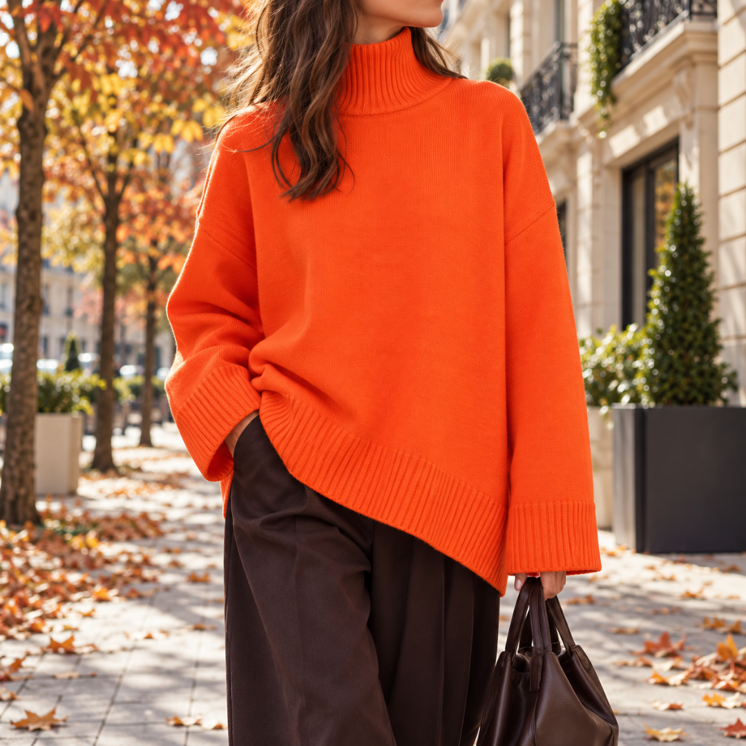 Pull orange à col roulé, épaules tombantes et fente latérale à l'ourlet