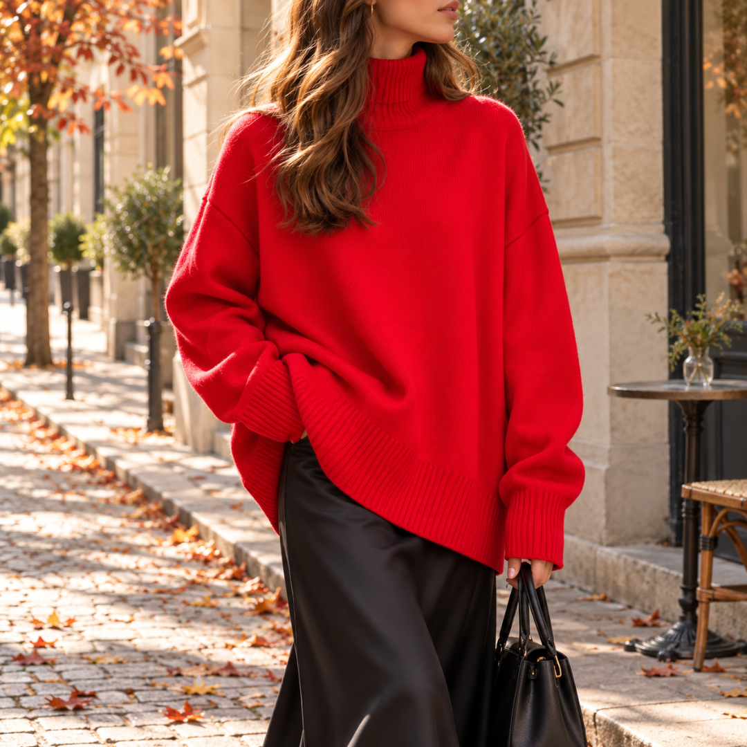 Pull femme rouge à col roulé porté avec une jupe longue noire