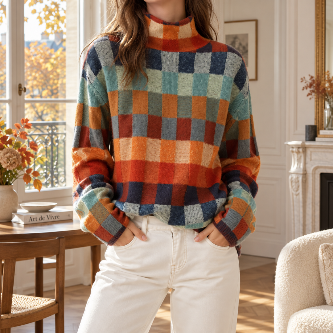 Pull femme à col roulé et motif damier multicolore porté avec un pantalon clair
