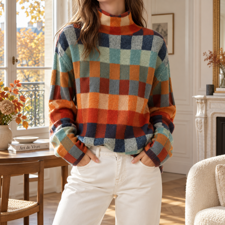 Pull femme à col roulé et motif damier multicolore porté avec un pantalon clair