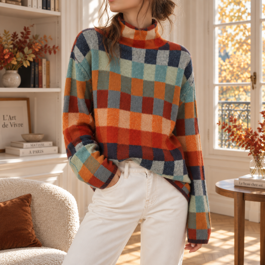 Pull orange à damier multicolore, col roulé montant et manches longues, vue de face