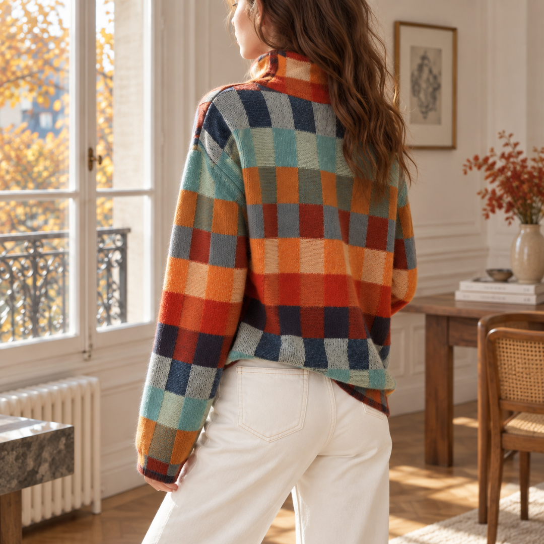 Dos du pull femme à motif damier multicolore avec col roulé et manches longues
