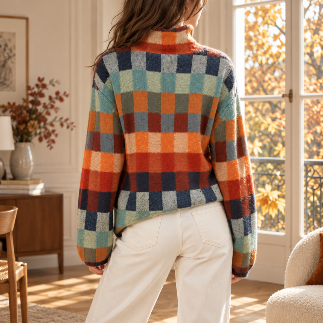 Pull à carreaux multicolores vu de dos, bas droit et manches longues