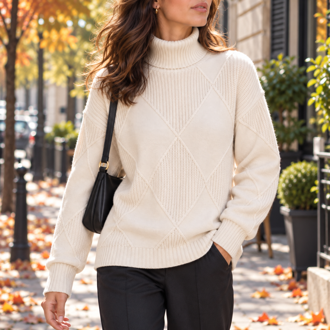 Pull femme blanc à col roulé et motifs losanges en relief