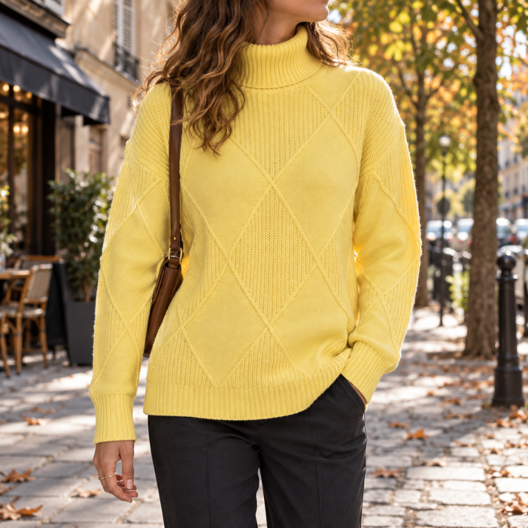 Pull femme jaune à col roulé et losanges en relief, vue de face