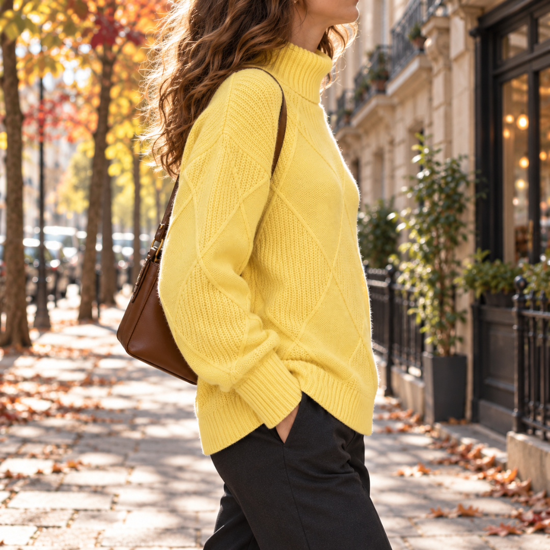 Pull jaune à col roulé porté de profil, poignets côtelés et bas arrondi