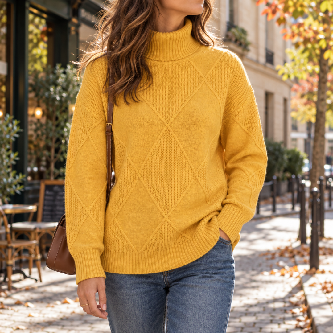 Pull femme jaune moutarde à col roulé porté avec un pantalon bleu délavé