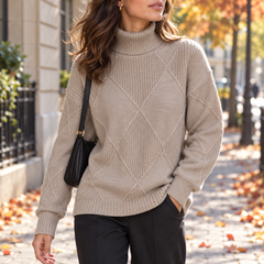 Pull femme kaki à col roulé avec motifs losanges en relief