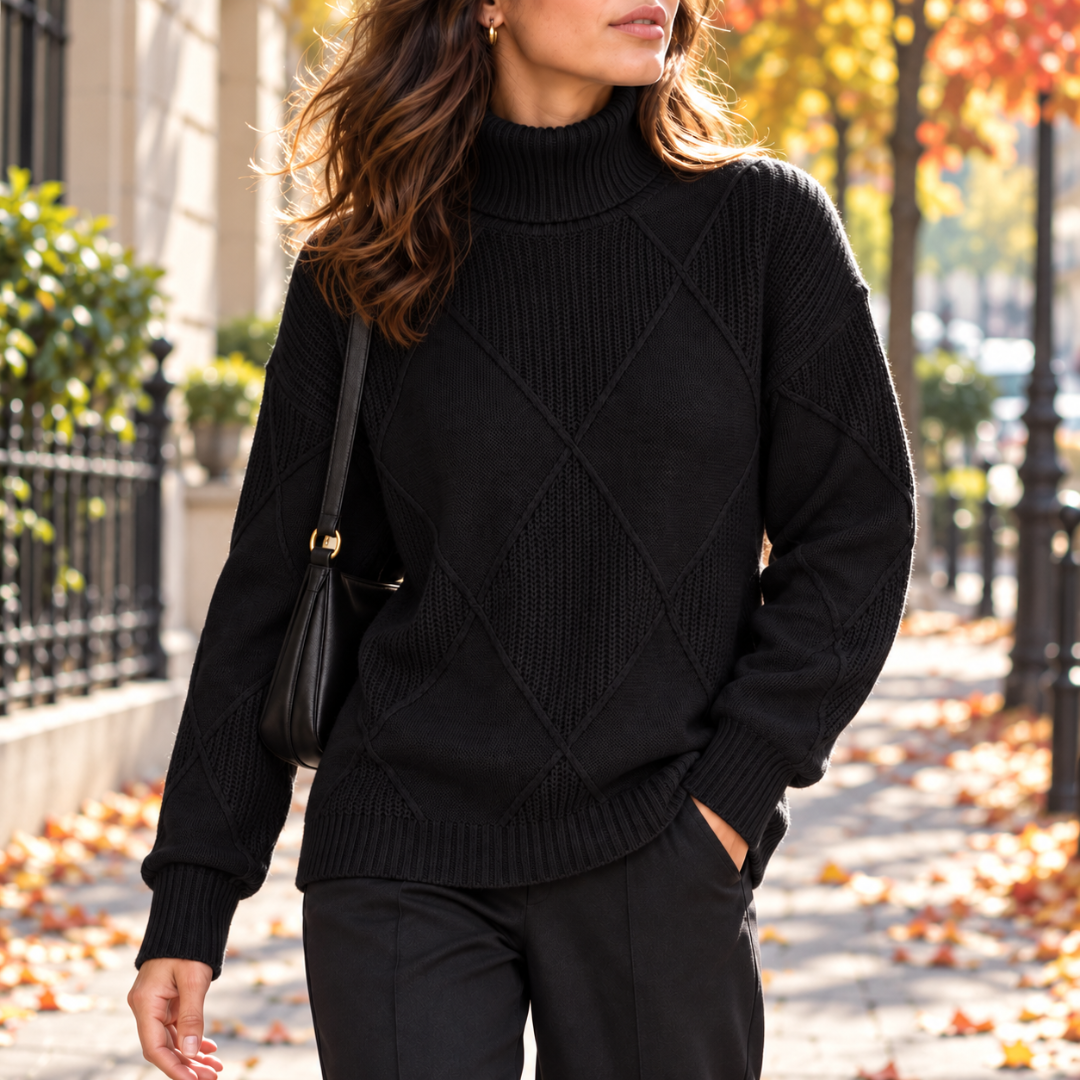 Pull femme noir à col roulé, maille côtelée et losanges en relief