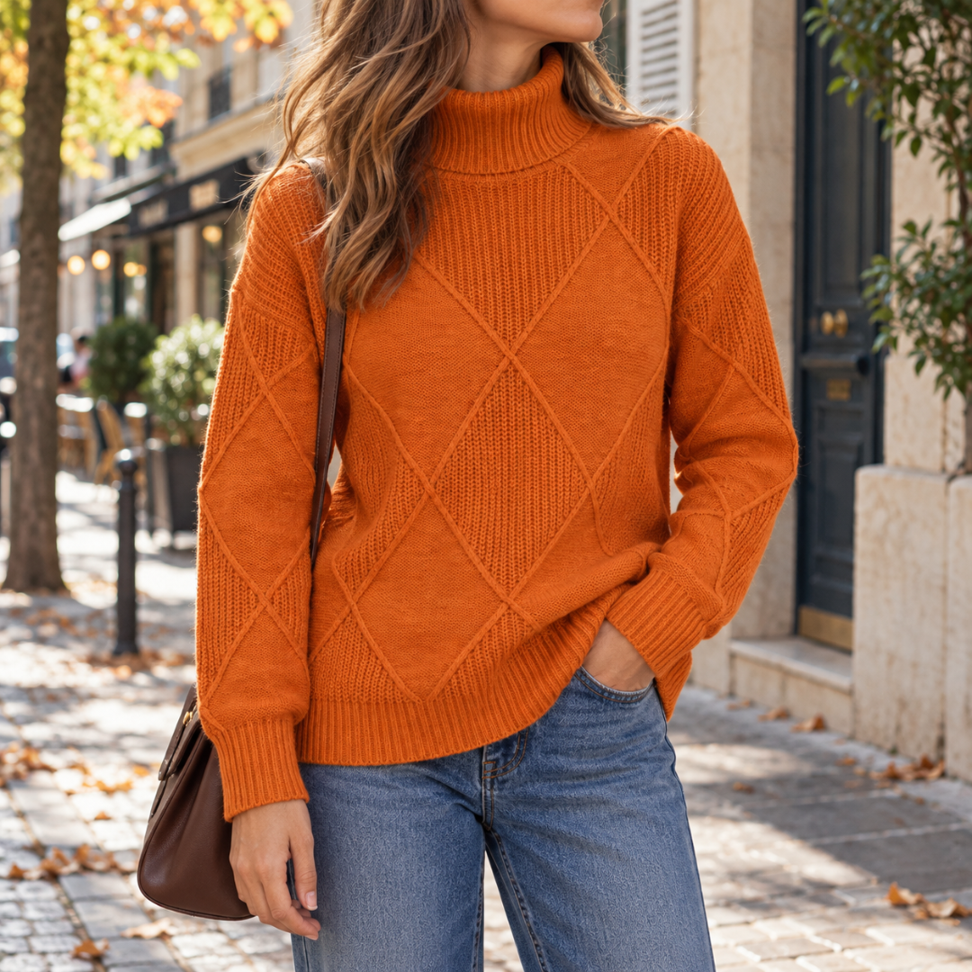 Pull femme orange à col roulé, poignets côtelés et manches longues