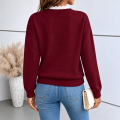 Dos du pull femme bordeaux en maille avec bande côtelée en bas et encolure montante