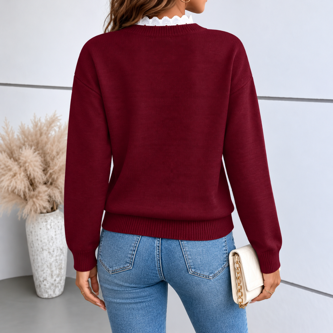 Dos du pull femme bordeaux en maille avec bande côtelée en bas et encolure montante
