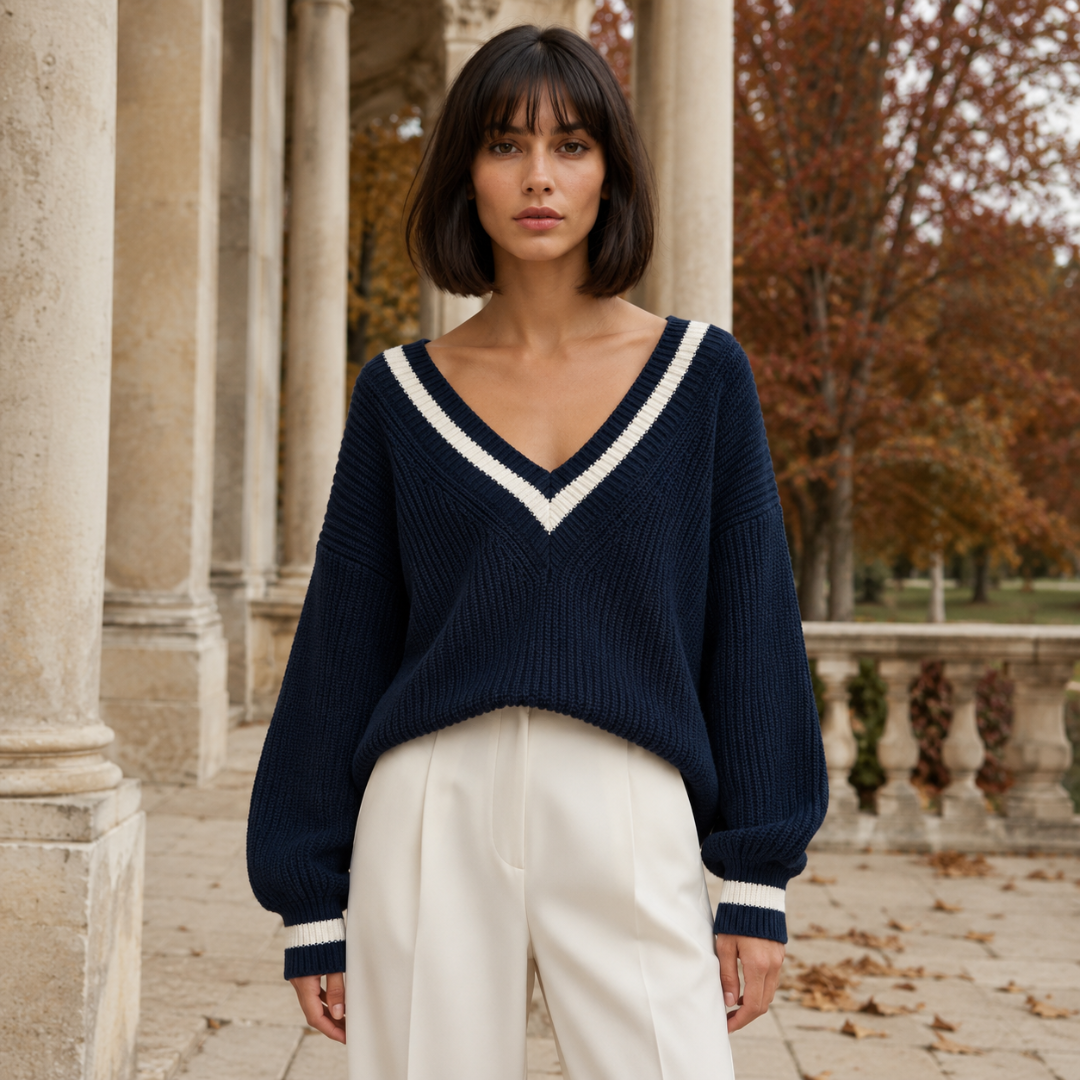 Pull femme bleu marine en maille côtelée avec col V bordé de blanc