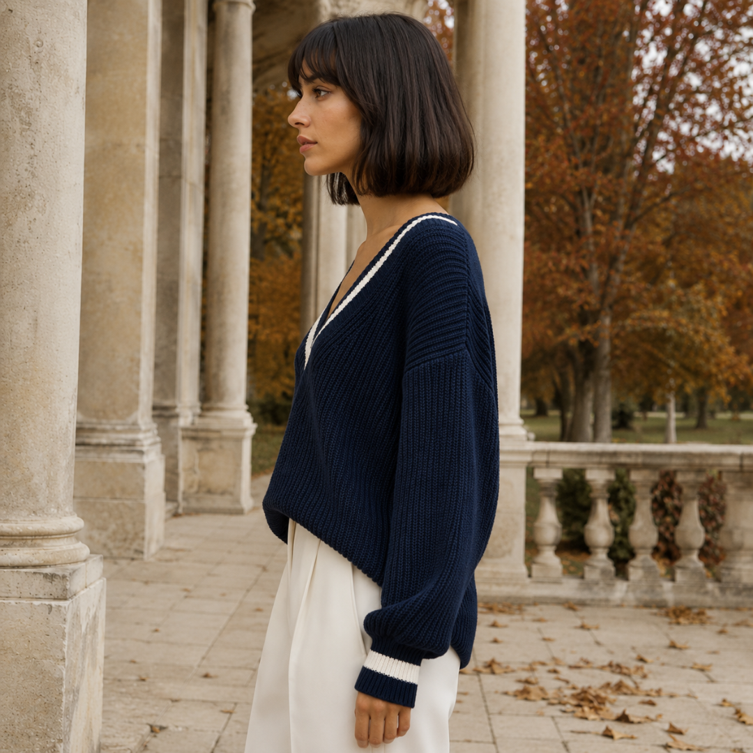 Profil du pull bleu marine, manches longues et poignet côtelé à rayure blanche