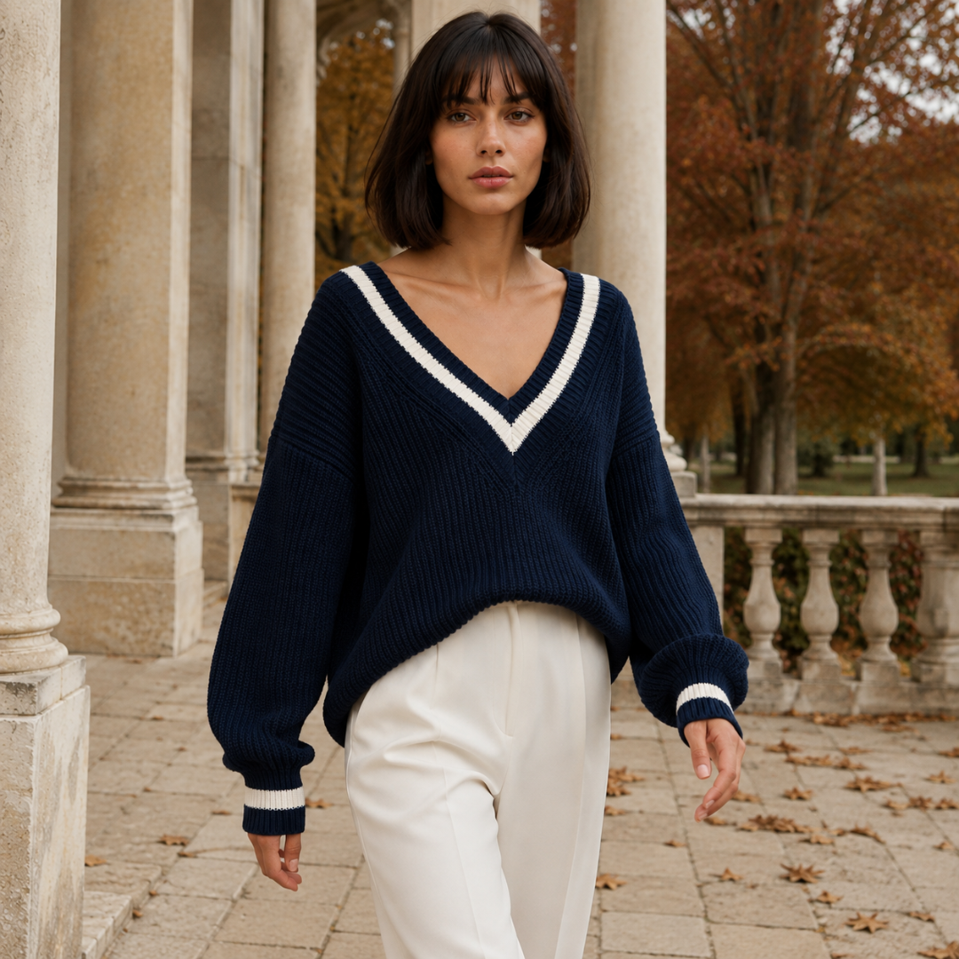 Pull bleu marine col V contrasté porté avec un pantalon large blanc