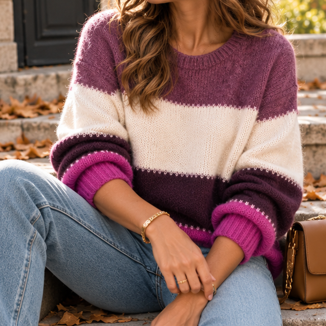 Pull femme en maille rose avec poignets côtelés fuchsia et larges bandes contrastées