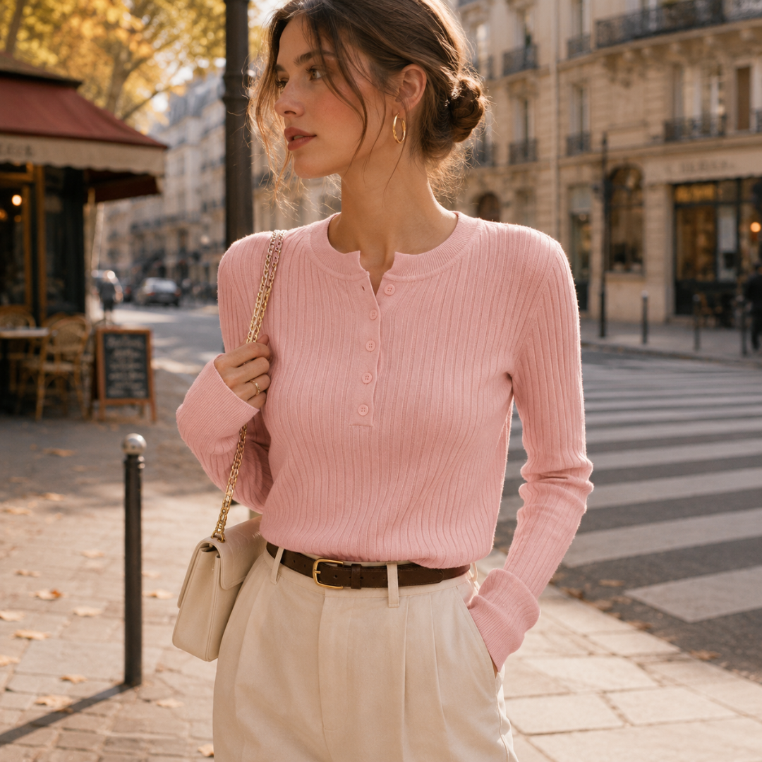 Pull femme rose col rond boutonné porté rentré dans un pantalon large clair