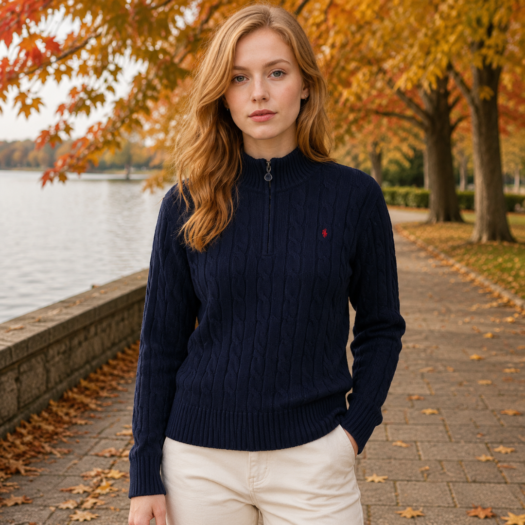 Pull femme bleu marine à torsades, col montant zippé et petit motif brodé