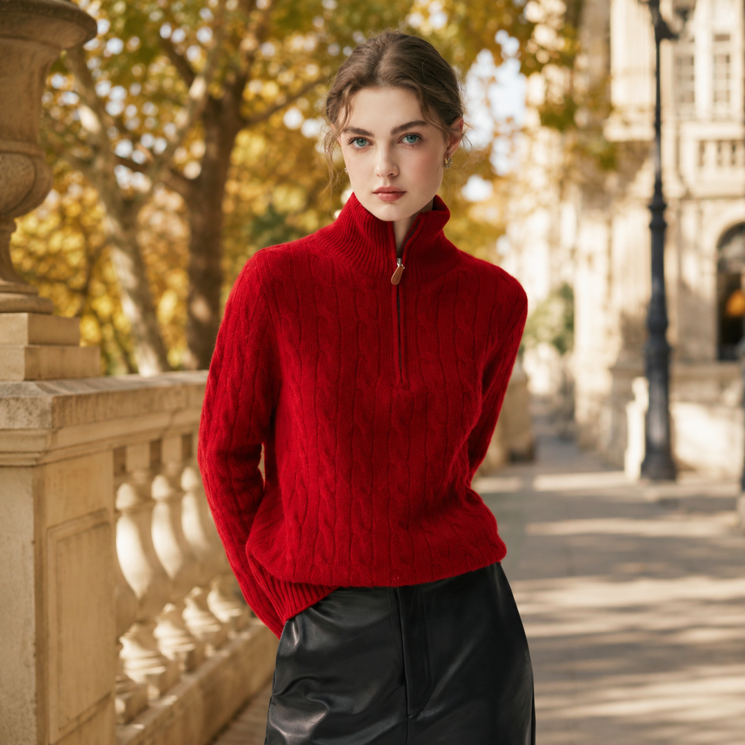 Pull femme rouge à demi-zip et col montant, maille torsadée portée avec jupe noire