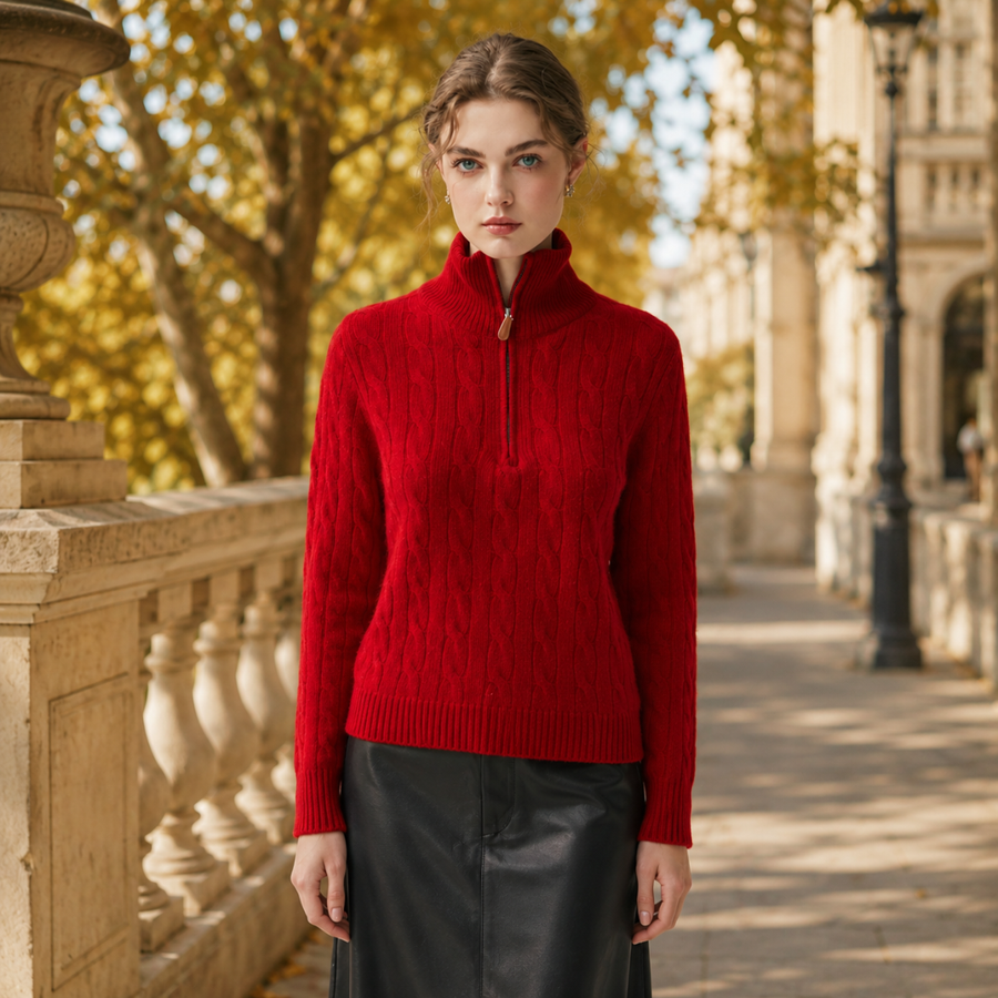 Pull rouge femme vu de face, demi-zip ouvert et bas côtelé bien visible