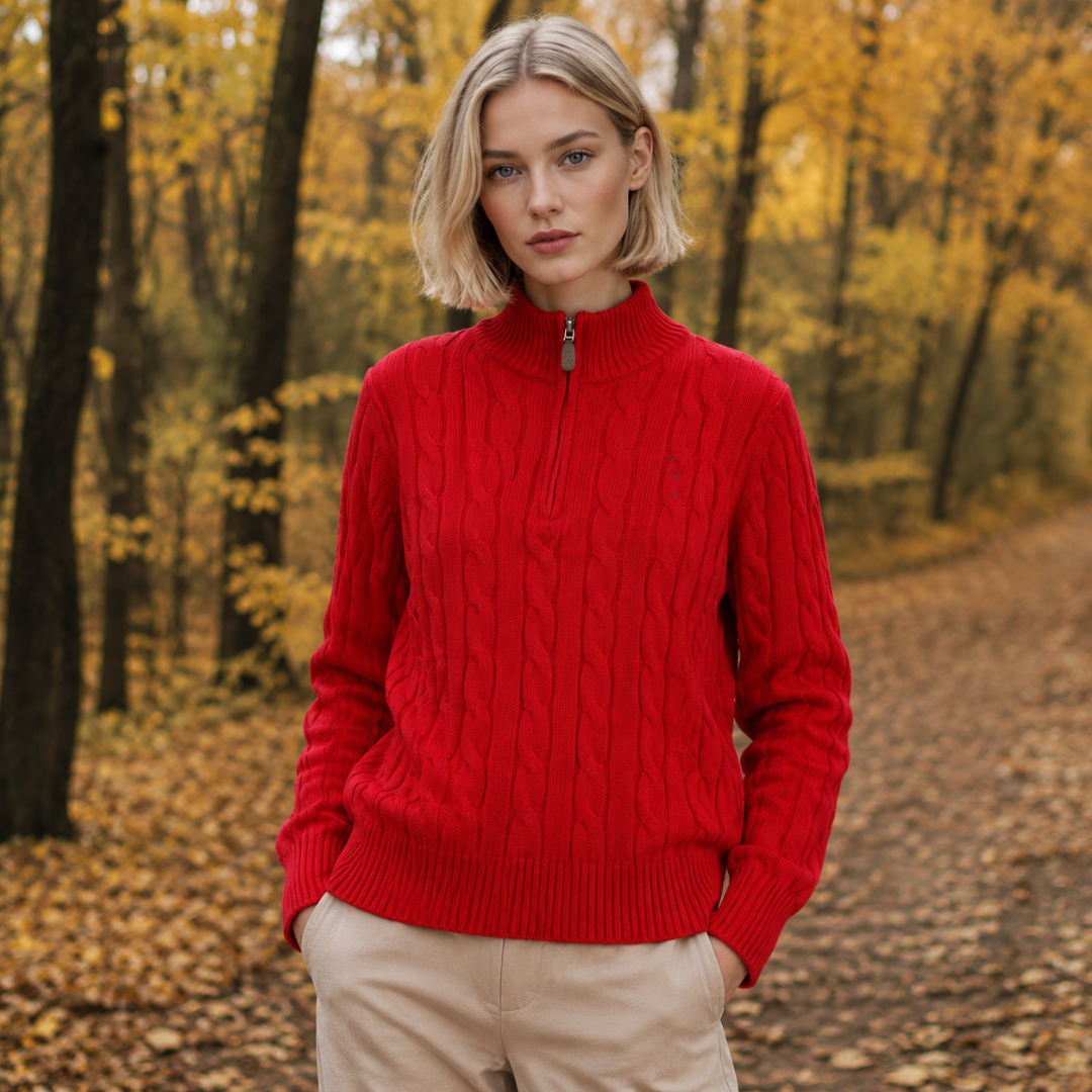 Pull femme rouge en maille torsadée avec demi-zip et bords côtelés