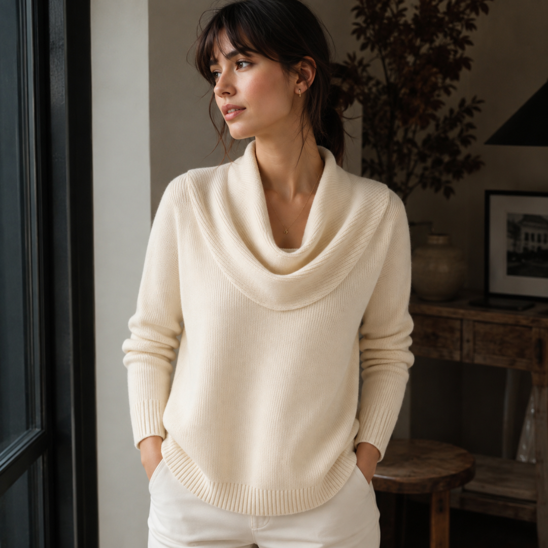 Pull beige clair en maille, grand col drapé et bas côtelé