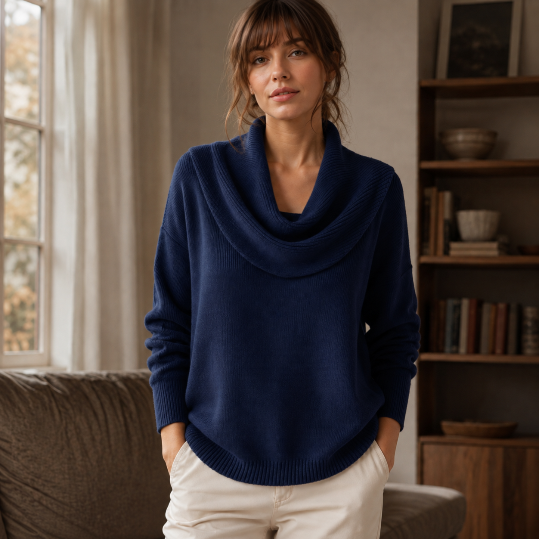 Pull femme bleu marine à grand col bénitier drapé et bas côtelé