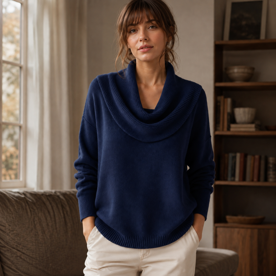 Pull femme bleu marine à grand col bénitier drapé et bas côtelé